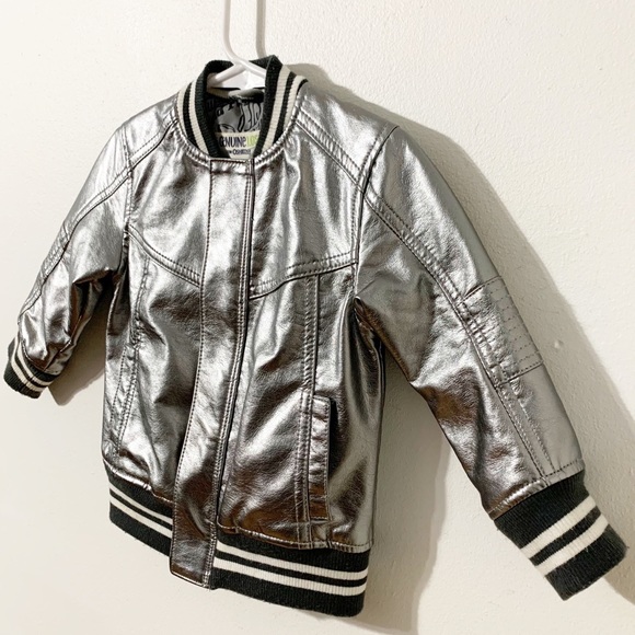 Genuine Kids by Osh Kosh B’Gosh Silver Front Zip Insulated Letterman Like Jacket - Picture 2 of 10